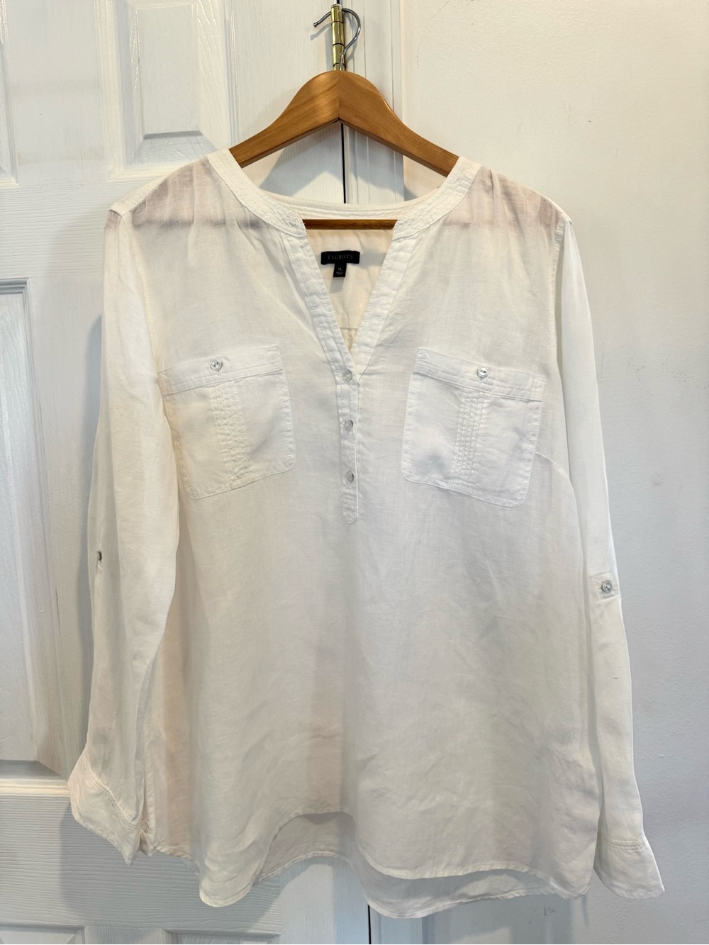 Talbots  LINEN CAMP SHIRT White V-Neck Embroidered Tunic 100% Linen